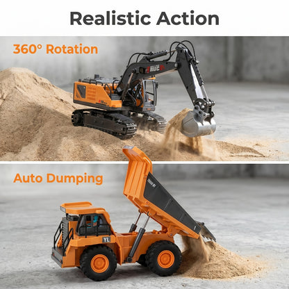 2pcs/3pcs/4pcs Set Remote Control Engineering Vehicle Set, 2.4G High-Tech 11-Channel Remote Control Excavator Dump Truck Bulldozer Alloy Plastic Engineering Vehicle Remote Control Construction Toy Car Set-Lingkun