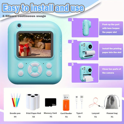 Kids Instant Print Camera 3-in-1 with MP3 & Games – 10x Zoom, 2.4" HD Screen, 32GB Card, Prints Photos in 1 Second, Birthday & Holiday Gift for Girls & Boys