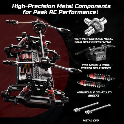 DEERC 1/16 All-Metal 42KM/H RC Truck 4WD Off-Road Monster Truck with Dual 1500mAh Batteries, LED Headlights & Wheelie Bar – High Speed Remote Control Car for Adults & Hobbyists (Black)