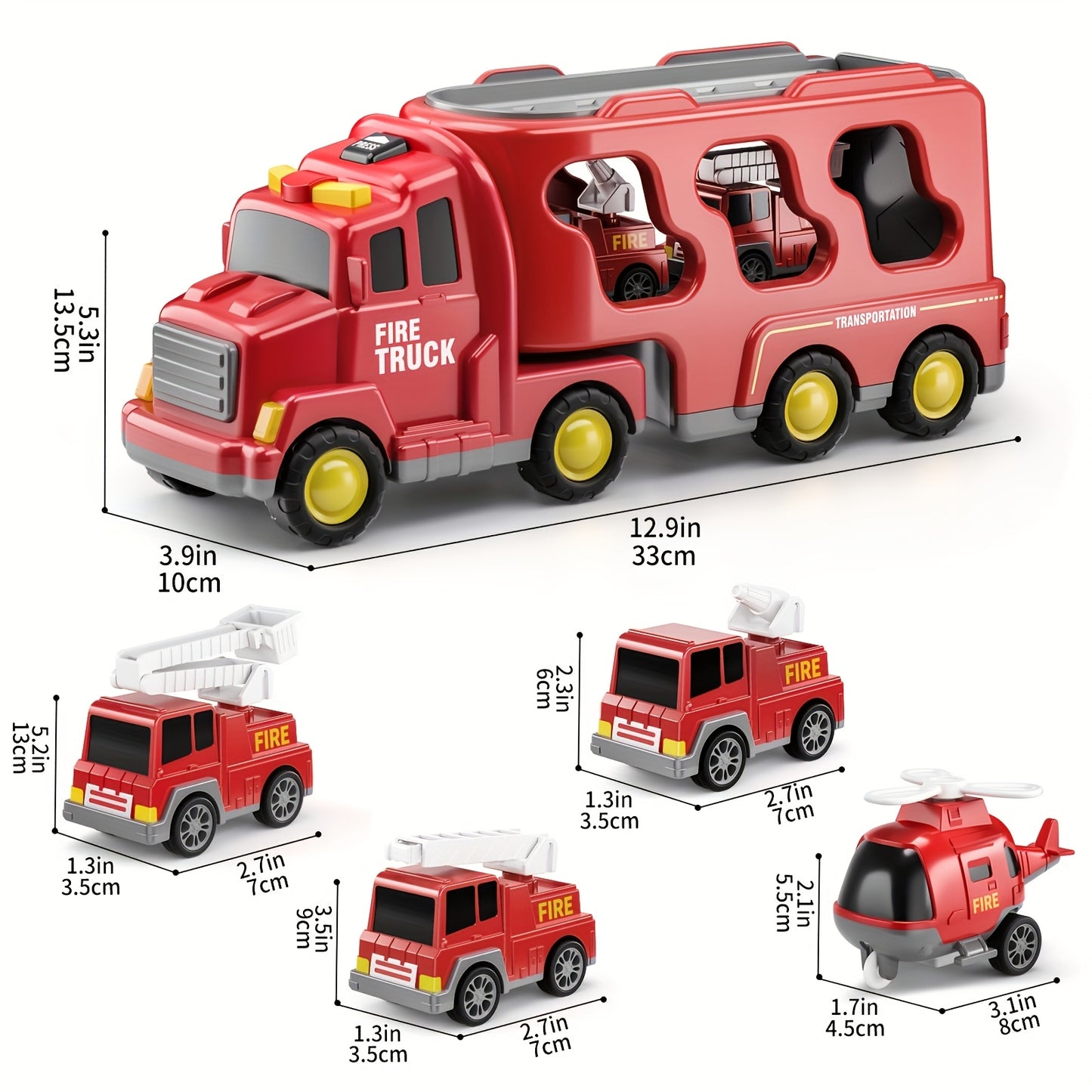 [Ideal Christmas Birthday Gift] HOME 5-in-1 Fire Truck Playset, Red Plastic Interchangeable Vehicles, Friction Powered Toy for Kids 3-9 Years, Ideal Christmas Birthday Gift for Boys and Girls