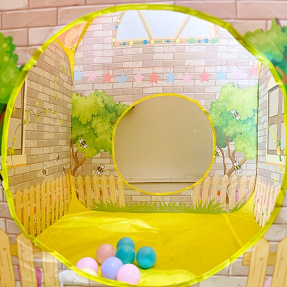 Kids Cottage Play Tent with Ball Pit – Cartoon Design Indoor Outdoor Playhouse, Imaginative Hideaway Fort for Toddlers, Fun Birthday Christmas Halloween Gift for Boys & Girls Ages 2+