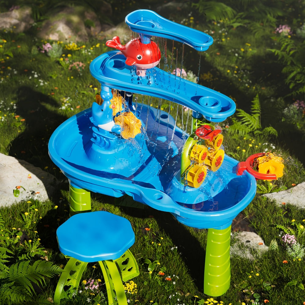 Sand Water Table for Kids 3-Tier Outdoor Sensory Play Table with Shovel Scoop & Strainer – Backyard Beach Summer Toy for Toddlers Boys Girls (Blue)