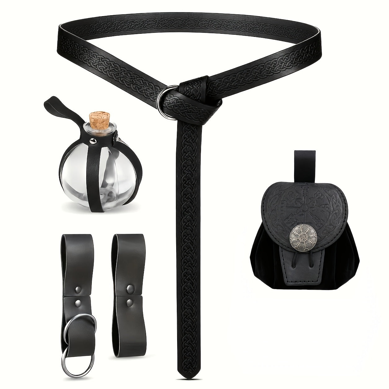 Medieval Belt Set 5pcs Viking Renaissance Faux Leather Harness with Potion Bottle Bag – LARP Halloween Cosplay Renaissance Fair Themed Party Role Play Costume Accessory, Black & Brown