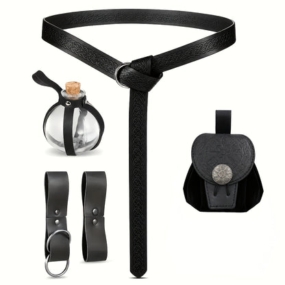 Medieval Belt Set 5pcs Viking Renaissance Faux Leather Harness with Potion Bottle Bag – LARP Halloween Cosplay Renaissance Fair Themed Party Role Play Costume Accessory, Black & Brown