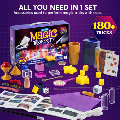 180+ Magic Tricks Kit for Kids – Complete Magician Starter Set with Step-by-Step Video Lessons, Magic Wand, Illusion Cards & Classic Props | Birthday Christmas Gift for Boys Girls Ages 6+