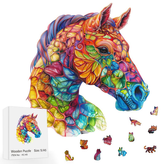 Colorful Horse Wooden Puzzle by WOOD PEOPLE - Challenging & Artistic Jigsaw with Vibrant, Irregular Shapes - Ideal for Family Gatherings, Perfect Halloween & Christmas Gift, 5D/7. 5D/10D Sizes Available