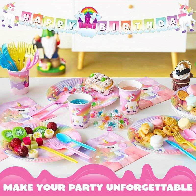 Unicorn Party Supplies 145 Pcs for 24 Guests – Disposable Tableware Set with Plates, Cups, Napkins, Cutlery & Happy Birthday Banner for Unicorn Theme Birthday Party Decorations