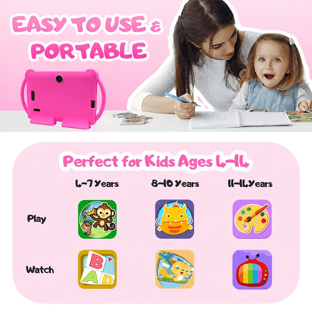 ATMPC, Local Warehouse, 7-Inch Android 14 Kids Handheld Tablet, 4GB RAM + 32GB ROM, Eye Protection IPS Screen, with Parental Controls, Learning Tablet, Wi-Fi, Large Screen Learning Entertainment Tablet, Parental Control, Pre-installed Apps