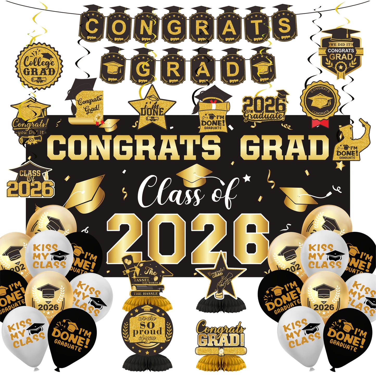 Graduation Decorations Class Of 2026, Golden Themed Graduation Decorations Set, Class Of 2026 Backdrop Banner, Graduation Hanging Swirl, Balloons And Honeycomb Supplies For Graduation Party