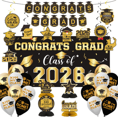 Graduation Decorations Class Of 2026, Golden Themed Graduation Decorations Set, Class Of 2026 Backdrop Banner, Graduation Hanging Swirl, Balloons And Honeycomb Supplies For Graduation Party