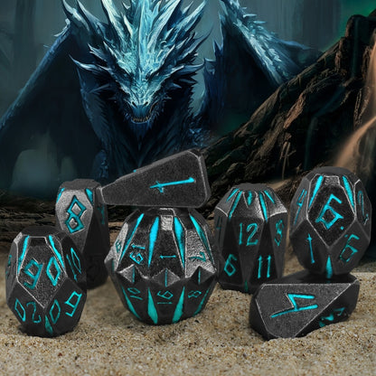 Metal DnD Dice Set 7pcs Glow in the Dark – Stonehenge Zinc Alloy Polyhedral Dice with Display Box, D4 D6 D8 D10 D12 D20 for D&D RPG Tabletop Games, Unique Gamer Gift Blue