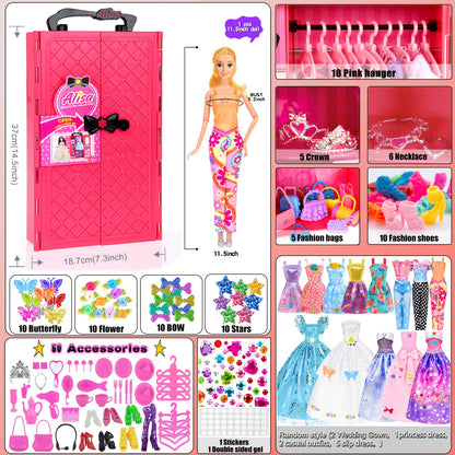 140pcs 11.5 Inch Girl Doll Closet Fashion DIY Wardrobe with Clothes And Accessories Including Doll, Wardrobe, Wedding Dress, Shoes, Necklace, Bags And More (Include Doll)