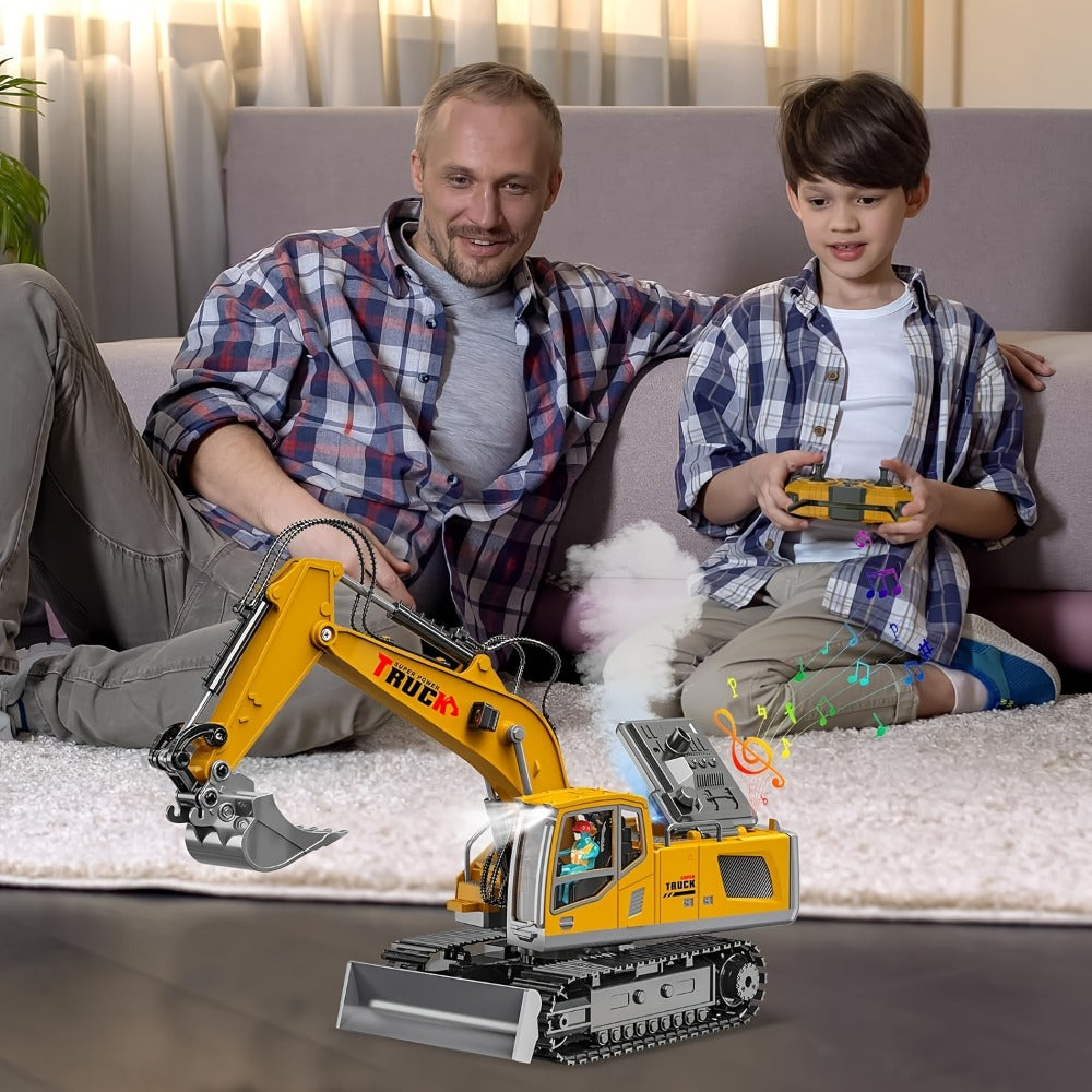 RC Excavator Toy 1200mAh 120-Min Battery Life with Metal Shovel & LED Lights – 13CH/17CH Remote Control Construction Truck for Boys Ages 8+, Birthday Christmas Gift (Yellow/Gray)