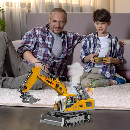RC Excavator Toy 1200mAh 120-Min Battery Life with Metal Shovel & LED Lights – 13CH/17CH Remote Control Construction Truck for Boys Ages 8+, Birthday Christmas Gift (Yellow/Gray)