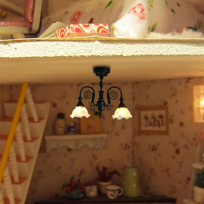 Miniature LED Chandelier Ceiling Lamp Dollhouse Working Light 1:12 Scale Golden Finish DIY Room Box Diorama Sand Table Decor Gift for Miniature Hobbyists Collectors