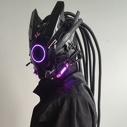 LED Punk Mask with Tubular Braids & Helmet – Futuristic Sci-Fi Mechanical Cosplay Mask for Halloween, Rave Music Festival & Party, Blue Green Pink, Handmade TPU PC Unisex Adult Costume Prop