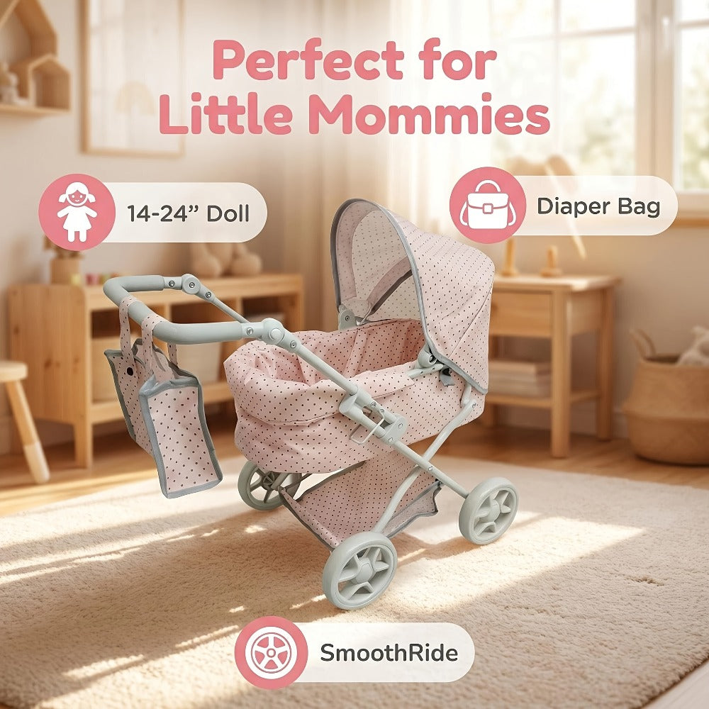 3-in-1 Baby Doll Stroller Set Pink – Foldable Pram with Removable Bassinet & Carry Bag for 14-24 Inch Dolls, Swivel Wheels Adjustable Handle, Role Play Nursery Gift for Girls Ages 3-12