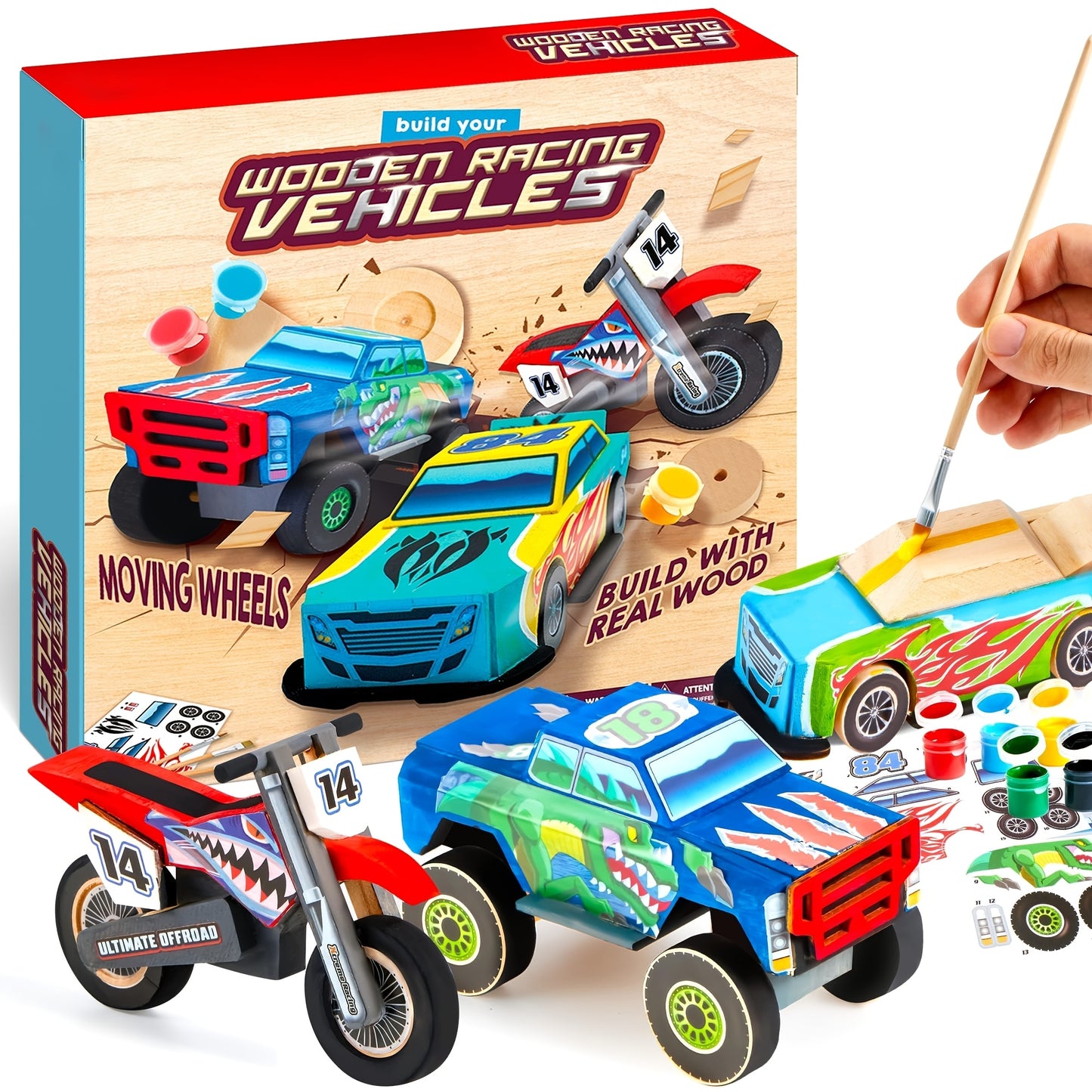 SYNCFUN Craft Set to Create And Decorate Your Own Wooden Race Car - Toy Kit for Building And Painting a Car Or Truck, Perfect Gifts for Kids