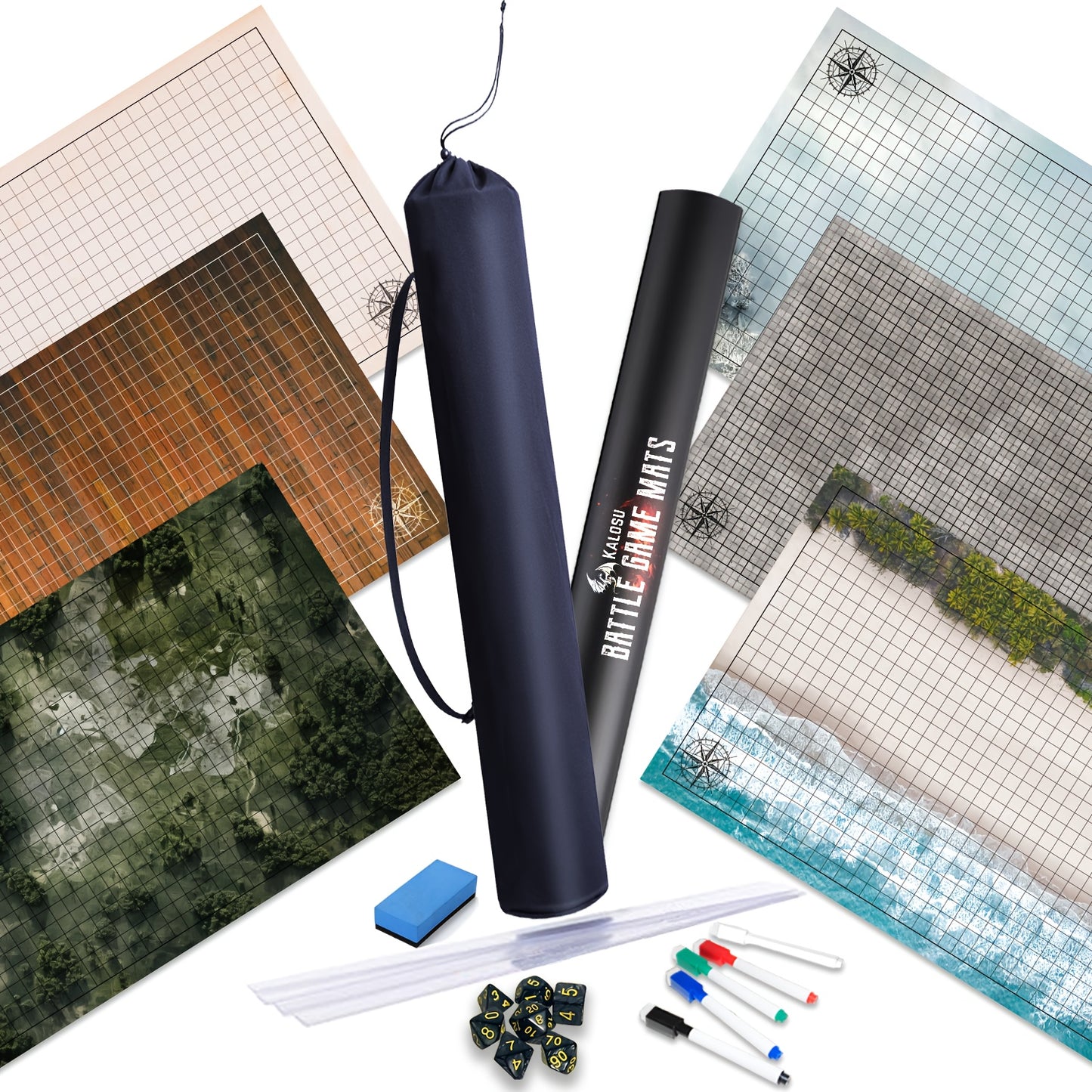 Battle Map, With Dice Accessories, Shoulder Bag, 3 Pack 6 Terrain 24x36, 1 Inch Grids Dry Erase Battle Mats, Lay Flat Easier Clips, Double-Sided DM Tool For Dungeons Role Playing Tabletop Game, 5e, Pathfinder & TRPG Board Games