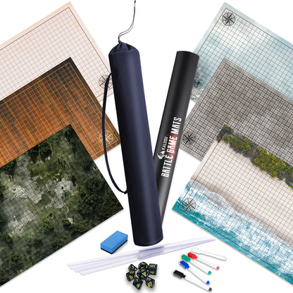 Battle Map, With Dice Accessories, Shoulder Bag, 3 Pack 6 Terrain 24x36, 1 Inch Grids Dry Erase Battle Mats, Lay Flat Easier Clips, Double-Sided DM Tool For Dungeons Role Playing Tabletop Game, 5e, Pathfinder & TRPG Board Games