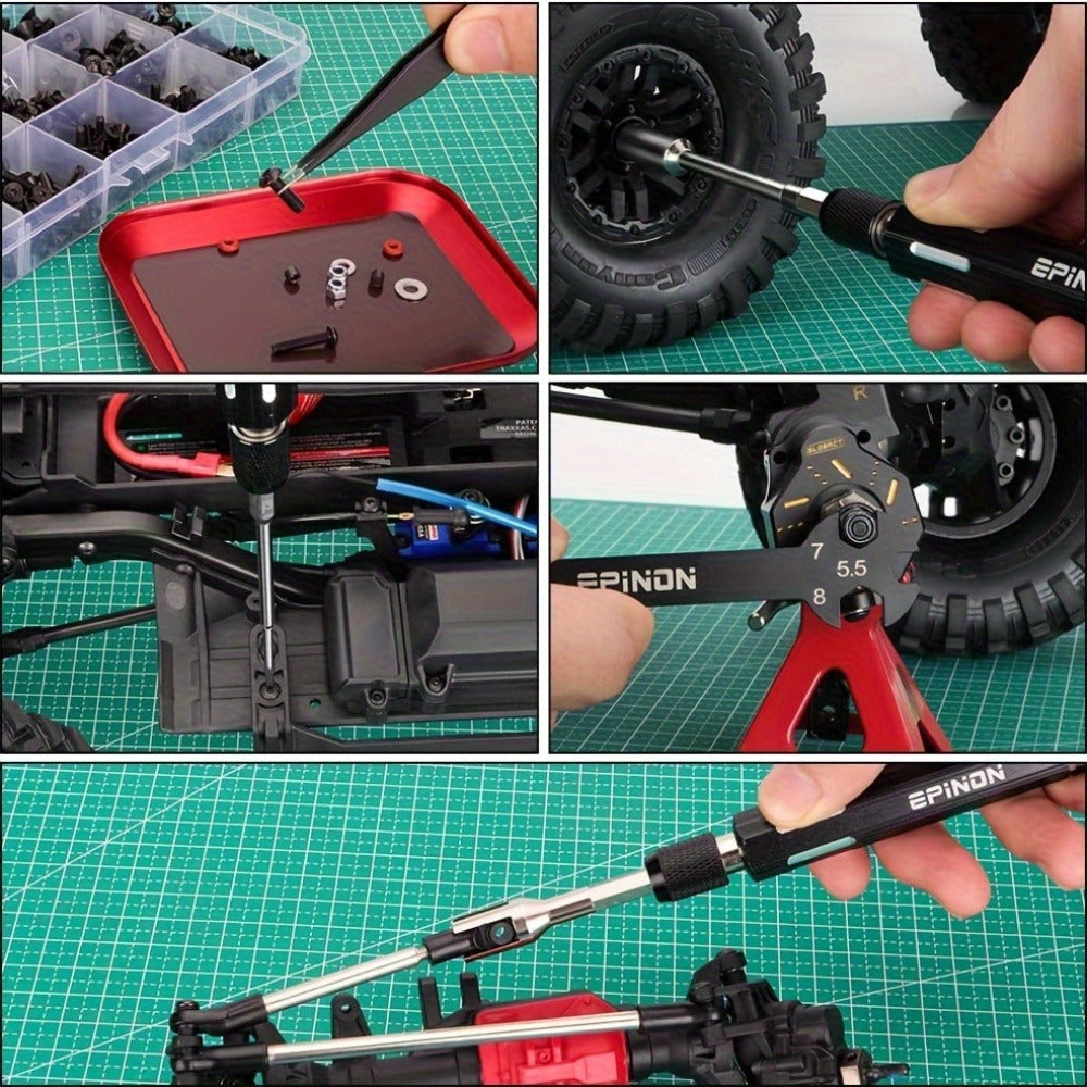 RC Car Maintenance Stand Tool Kit – EPINON 360° Rotating Work Stand with 520PCS Screws, Aluminum Screwdriver Set & Tray, Compatible with 1/8 1/10 1/12 1/16 1/18 Scale RC Cars Crawlers Trucks Buggies (Red/Blue)