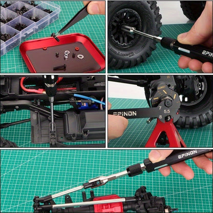 RC Car Maintenance Stand Tool Kit – EPINON 360° Rotating Work Stand with 520PCS Screws, Aluminum Screwdriver Set & Tray, Compatible with 1/8 1/10 1/12 1/16 1/18 Scale RC Cars Crawlers Trucks Buggies (Red/Blue)