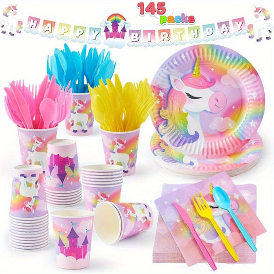 Unicorn Party Supplies 145 Pcs for 24 Guests – Disposable Tableware Set with Plates, Cups, Napkins, Cutlery & Happy Birthday Banner for Unicorn Theme Birthday Party Decorations