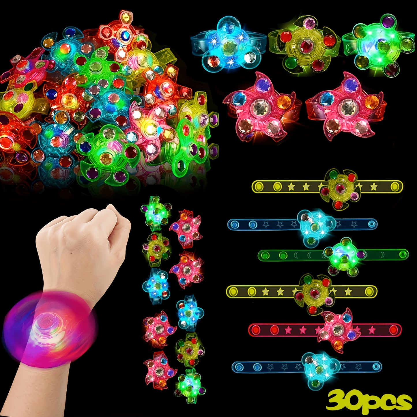 30pcs LED Luminous Wristbands, Luminous Fidget Spinner Wristbands, Party Gifts That Glow In The Dark, Birthday Party Gifts, Classroom Prizes, Candy Bags for Boys And Girls.