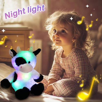 Glowing Highland Cow Plush Toy with Music No Battery Needed — Rhythmic Breathing Light Soft Stuffed Animal Calming Night Light for Baby Toddler Kids, Baby Shower Birthday Christmas Gift
