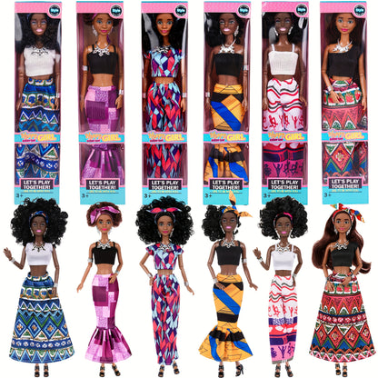 [Girls' Party Favors] 6pcs Fashion 11.5 Inch African American Black Toy Girl Doll Play Set, Curly Hair with Wearing Removable Dress & Accessories, Variety Pack for Kids, Girls' Party Favors