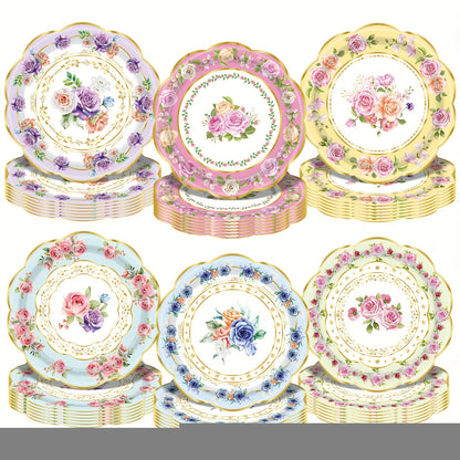 48pcs, Floral Paper Plates for Tea Parties And Birthday Celebrations, Disposable Plates for Engagement And Wedding Parties, Floral-Themed Disposable Tableware for Baptisms