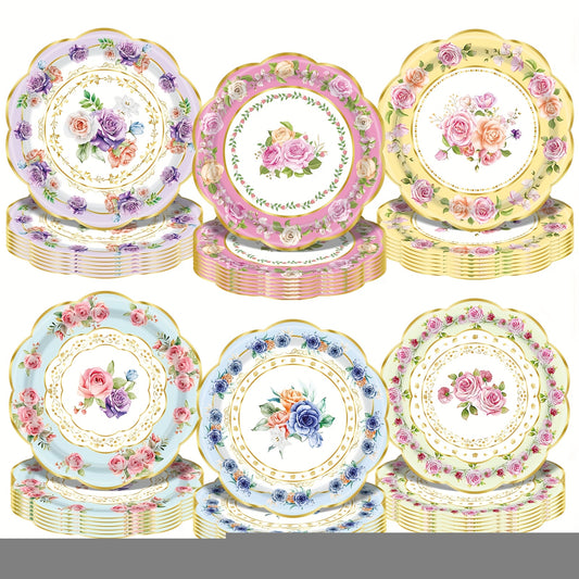 48pcs, Floral Paper Plates for Tea Parties And Birthday Celebrations, Disposable Plates for Engagement And Wedding Parties, Floral-Themed Disposable Tableware for Baptisms