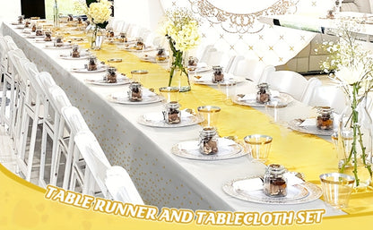 Disposable Tablecloth & Table Runner Set 10 Pack White & Gold Plastic Party Table Covers for Wedding, Birthday, Graduation, Anniversary – Elegant Party Decorations Bulk