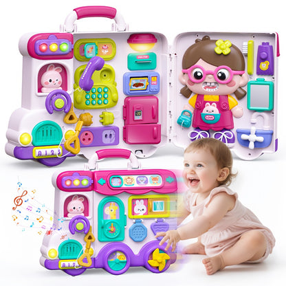 Musical Busy Board Bus Toy for Toddlers 18 Months – Pink Baby Activity Board, Early Educational Motor Skills Developmental Toy for 1 2 Year Old Boys & Girls, Birthday Gift for Baby