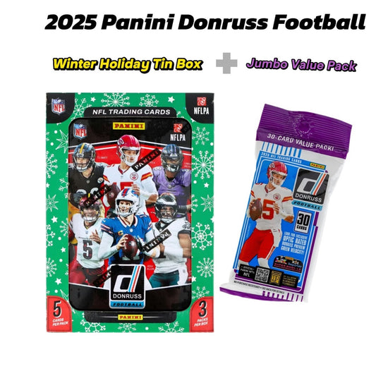2025 Panini Donruss Football Winter Holiday Tin Trading Card Box (3 Exclusive Press Proof Purple Cards Per Tin) And Jumbo Value Pack