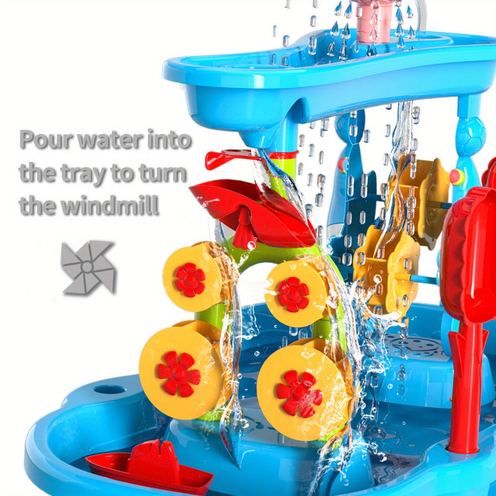 Sand Water Table for Kids 3-Tier Outdoor Sensory Play Table with Shovel Scoop & Strainer – Backyard Beach Summer Toy for Toddlers Boys Girls (Blue)