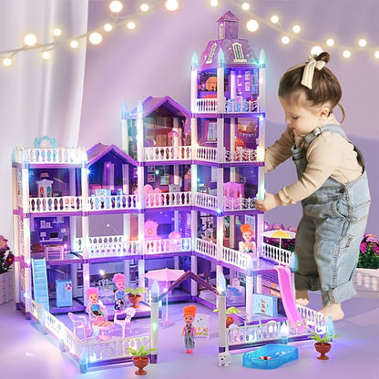 LED Dollhouse Playset for Girls – Purple Multi-Room Playhouse with Doll Figures, Puppies, Furniture & LED Lighting, 6 to 16 Room Options, Creative Imaginative Gift for Girls Ages 3-10 Birthday Christmas