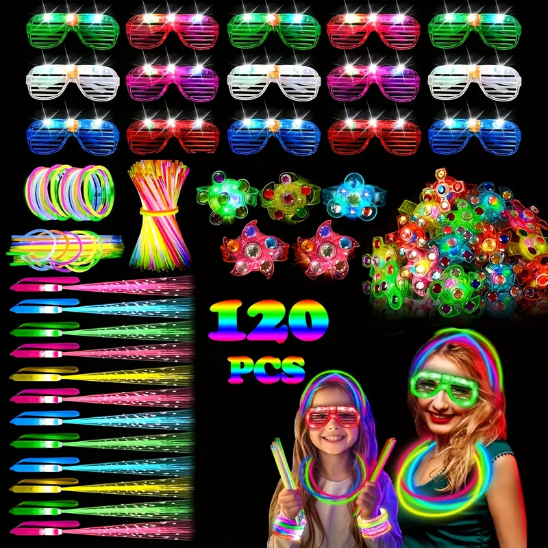 MEZHOBBY 120pcs Glow In The Dark Party Supplies, Including Glow Rings, Glowing Ring, LED Glasses, Glow Sticks And LED Hair Clips Fiber Optic for Neon Party, Wedding, Birthday, Concert, New Year