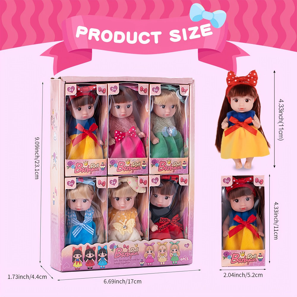Mini Fashion Dolls Set of 6 – 4-Inch Poseable Collectible Dolls with Glitter Eyes, Stylish Hair & Cute Outfits, Perfect Gift for Girls, Birthday & Christmas Toy for Kids