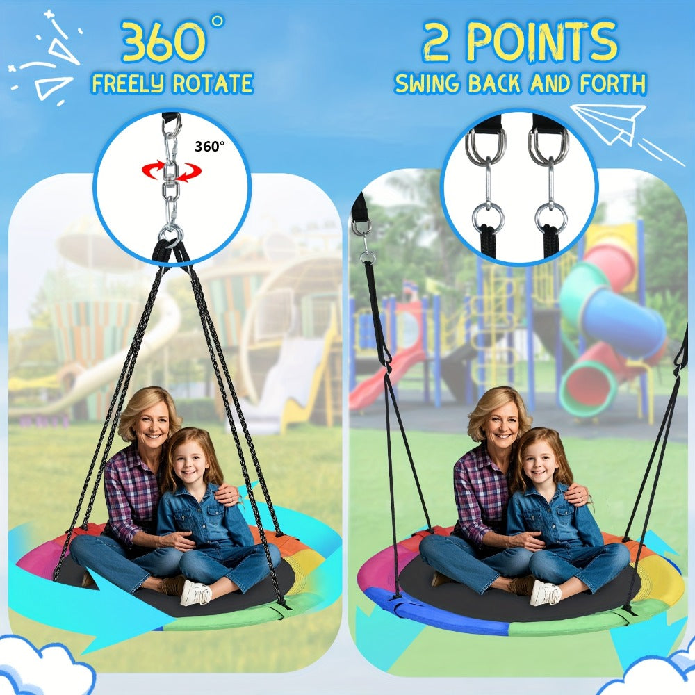 Saucer Swing for Kids 43 Inch – 360° Rotating Spinner Swing with Swivel, Adjustable Ropes & Hanging Straps, Durable Round Nest Swing for Outdoor Tree or Swing Set, Backyard Playground Gift