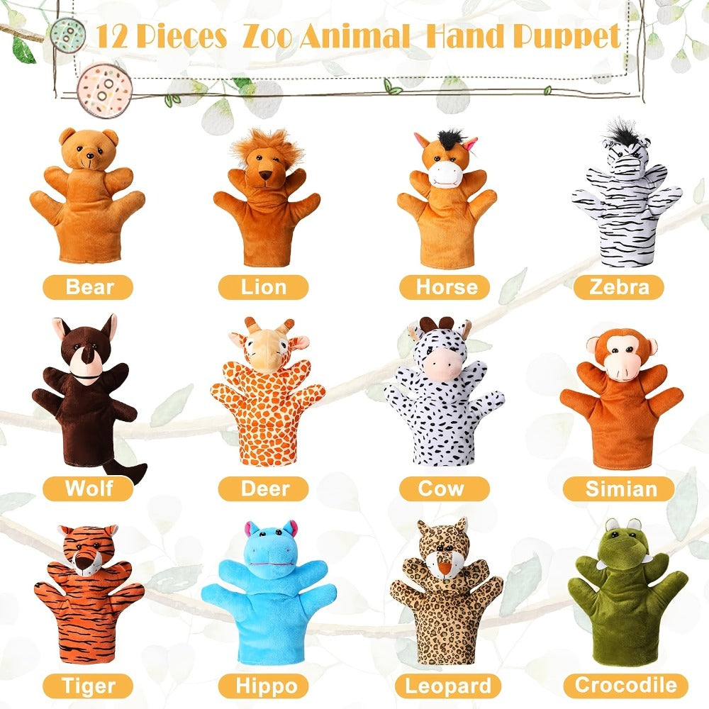 12pcs Hand Puppet Zoo Animal Plush Puppets Cute Animal Hand Puppets Plush Pretend Toys, with Tiger Lion Bear Leopard Design for Telling Story Teaching Role Play, Christmas, Halloween Special Gifts