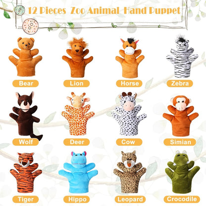 12pcs Hand Puppet Zoo Animal Plush Puppets Cute Animal Hand Puppets Plush Pretend Toys, with Tiger Lion Bear Leopard Design for Telling Story Teaching Role Play, Christmas, Halloween Special Gifts
