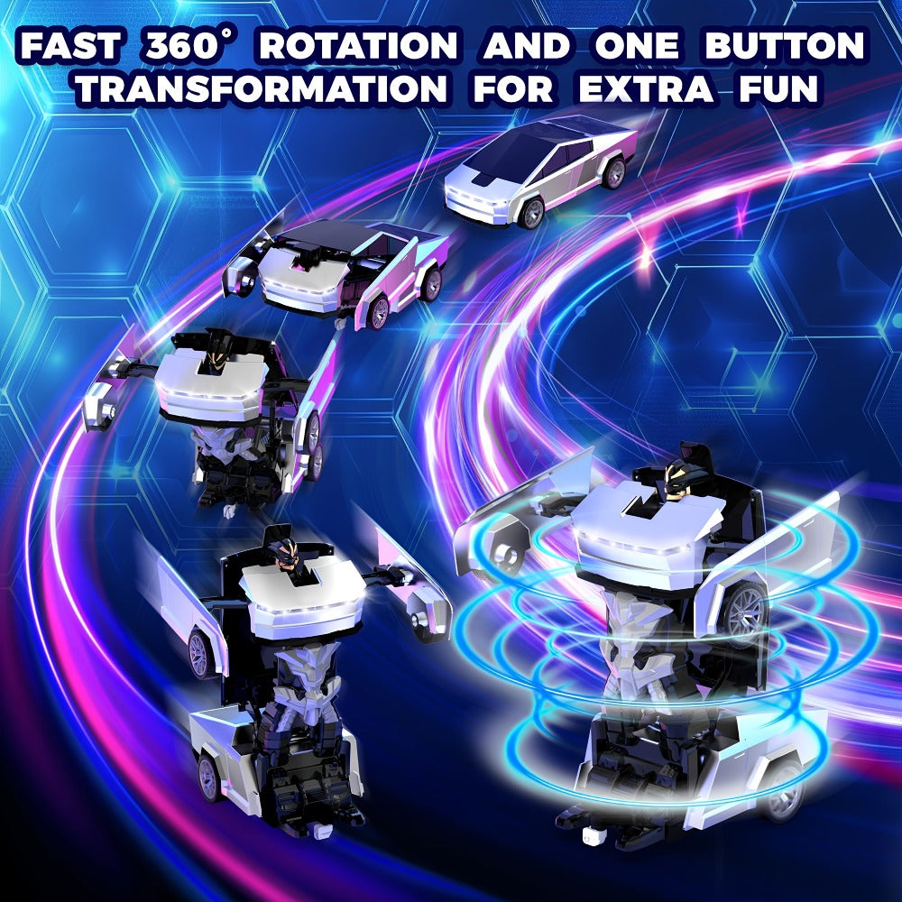 Transforming Robot RC Car 1:18 Scale – One-Button Transform, LED Headlights, 360° Spinning & Drifting Remote Control Toy Car for Boys & Girls, Birthday Christmas Easter Gift, Grey Red Silver