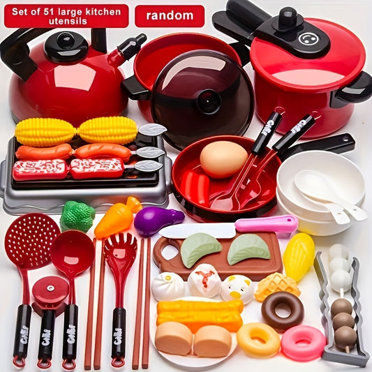 51pcs Red Pretend Play Kitchen Set, Includes Cookware, Tableware, And Food, Simulating Kitchen Cooking, Cultivating Hands-On Ability, Perfect Learning Gift for Boys And Girls, Family Interaction, Suitable for Halloween And Christmas Toys
