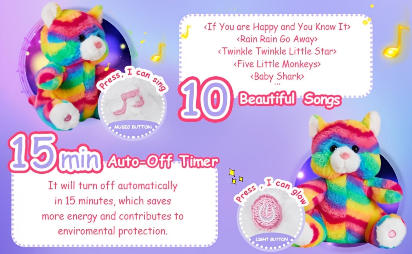 Rainbow Cat Plush Toy Glow in the Dark Musical Stuffed Animal Soft Kawaii Glowing Kitty Night Companion Doll Birthday Mother's Day Gift for Kids Girls Cat Lovers Room Decor