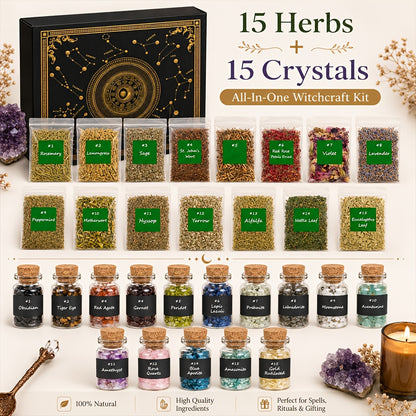 60pcs Witchcraft Supplies Kit for Beginners, Not Edible, Wiccan Supplies And Tools with Crystals Candles, Witch Altar Spell Set for Rituals, Energy Cleansing, Dried Flowers for Crafts, Witchy Gifts Box for Women, for Halloween