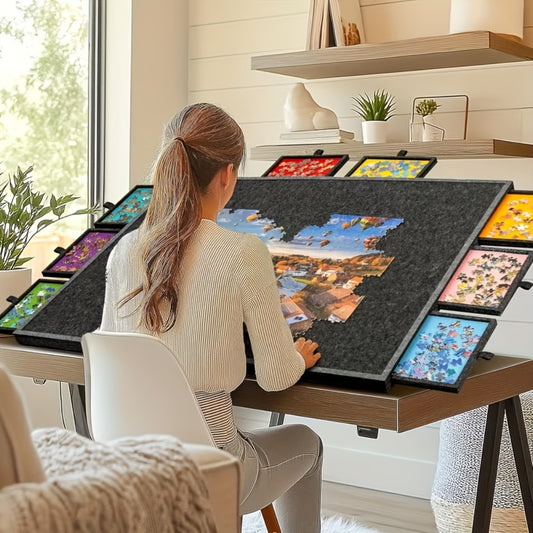 Can Store 1000pcs/1500pcs Of Puzzles with 6 Colored Drawers Felt Puzzle Board Tilting Puzzle Board with 2-In-1 Bracket Cover Lightweight Felt Puzzle Suitable for Adult Portable Puzzle Table (Drawer Color Random)