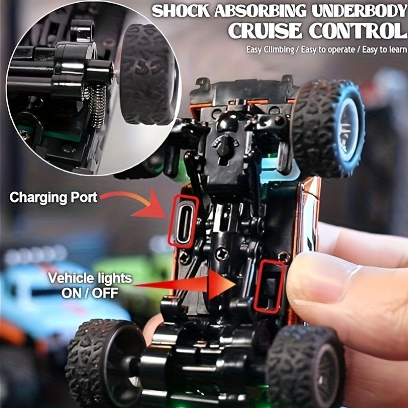 Small Die-Cast Remote-Controlled Vehicle, 1/64 Scale Mini RC Off-Road Truck with a Trailer, 2.4Ghz Climbing Vehicle, Rechargeable Die-Cast Mini RC Car with Lights, Adjustable Speed And Steering, Pocket-Sized Toy, Palm-Sized Toy