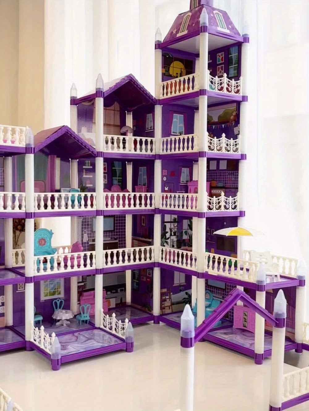 LED Dollhouse Playset for Girls – Purple Multi-Room Playhouse with Doll Figures, Puppies, Furniture & LED Lighting, 6 to 16 Room Options, Creative Imaginative Gift for Girls Ages 3-10 Birthday Christmas