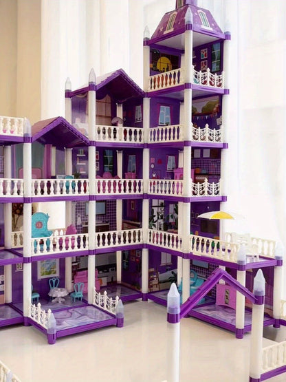 LED Dollhouse Playset for Girls – Purple Multi-Room Playhouse with Doll Figures, Puppies, Furniture & LED Lighting, 6 to 16 Room Options, Creative Imaginative Gift for Girls Ages 3-10 Birthday Christmas
